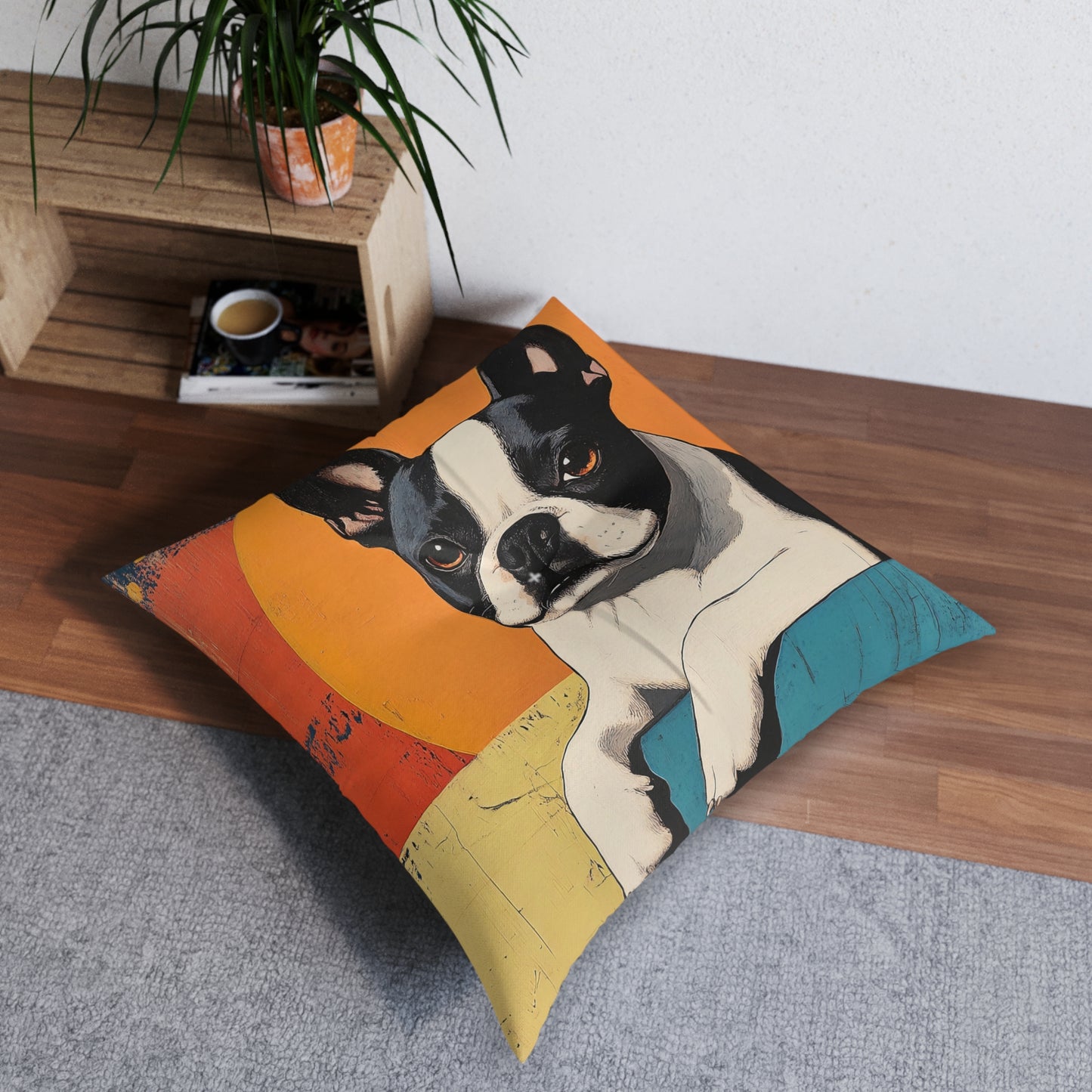 Mid Century Modern Boston Terrier Gift Tufted Floor Pillow | Retro Sunset Pet Portrait