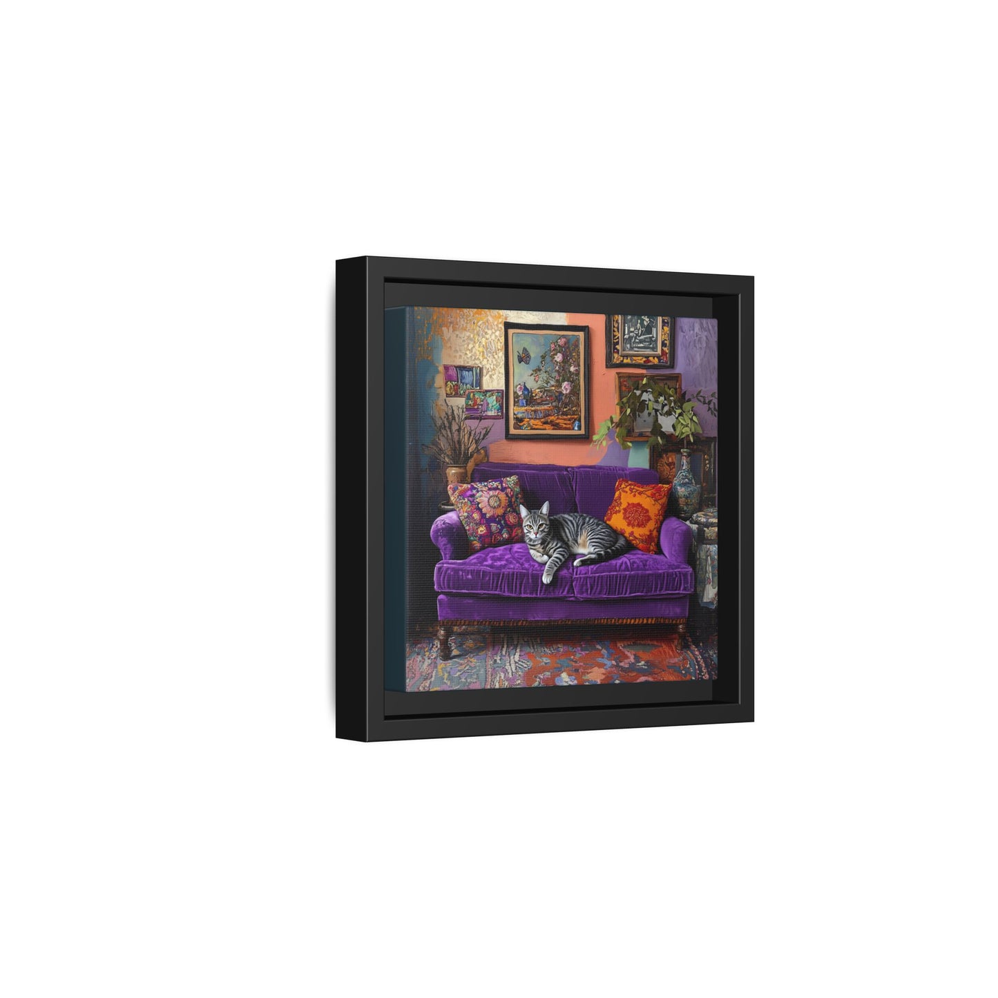 Tabby "House Cat" on Purple Velvet Sofa Matte Canvas Framed | Wall Art