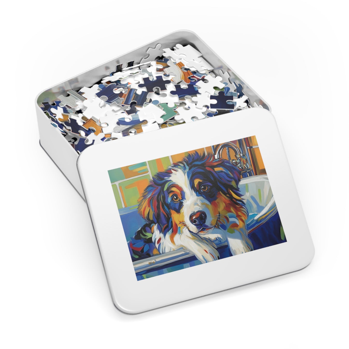 Bathtub Puppy Aussie Dog Jigsaw Puzzle with Tin | 500pc Painted Pet Art, Australian Shepherd Gift