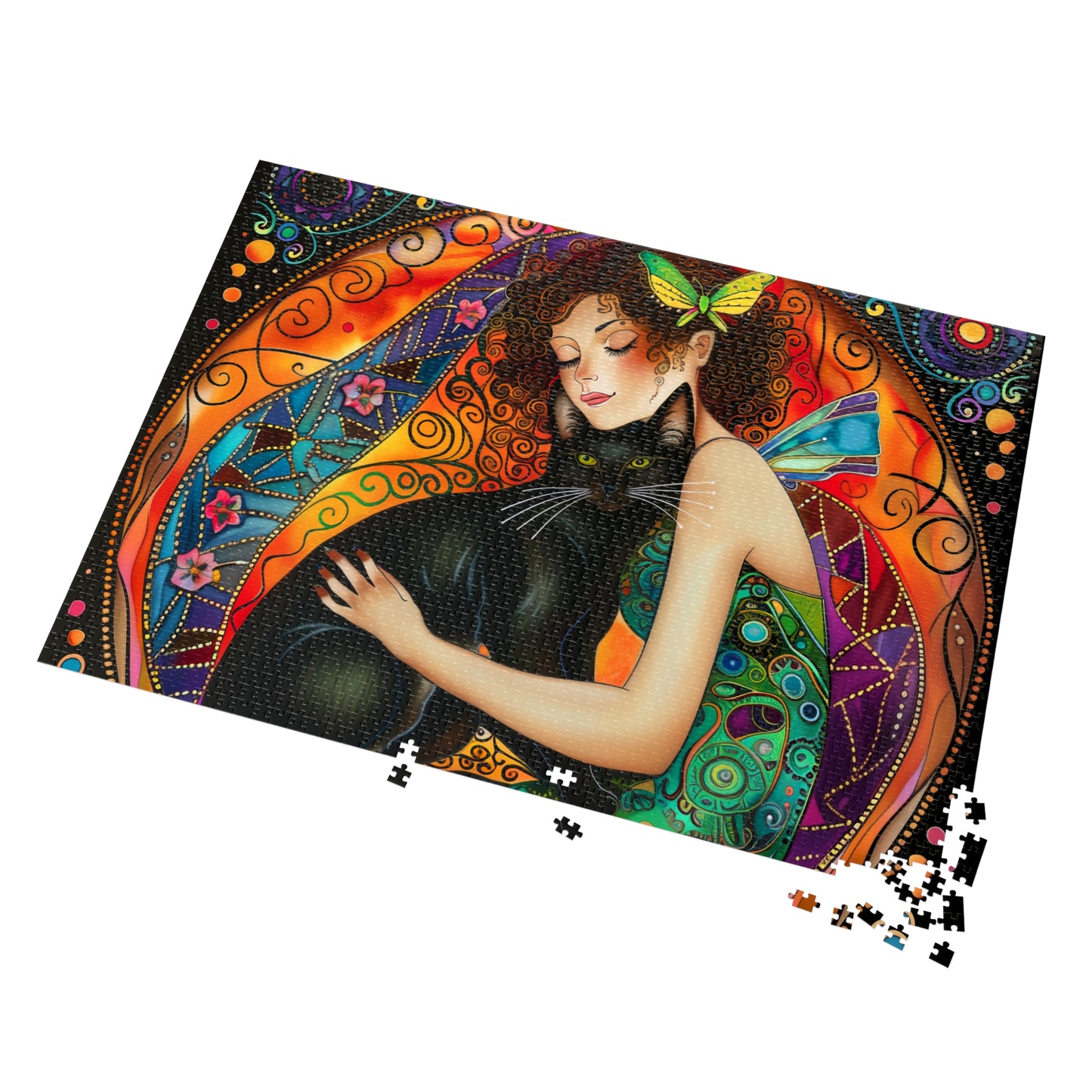 Fairy Embracing Black Cat Jigsaw Puzzle with Tin | Colorful Boho Art