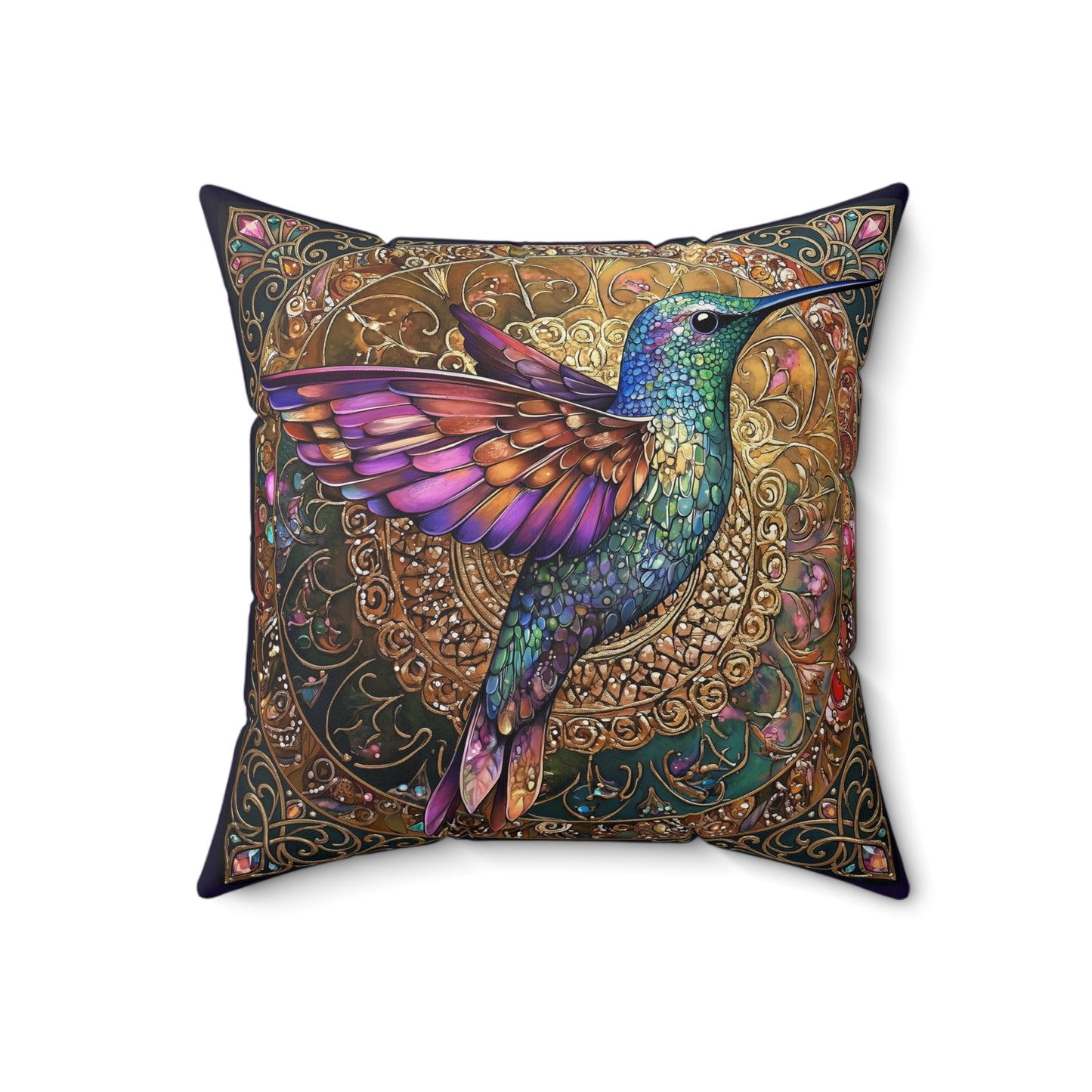 Colorful Hummingbird Mandala Faux Suede Pillow  Decorative Throw Pillow