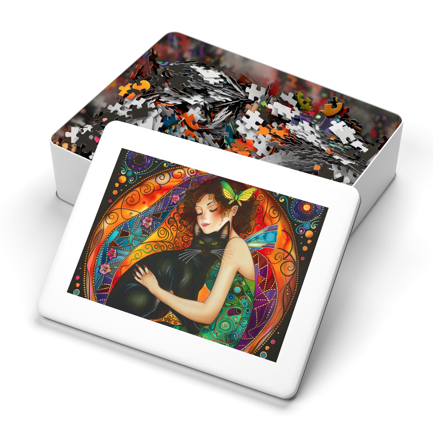 Fairy Embracing Black Cat Jigsaw Puzzle with Tin | Colorful Boho Art