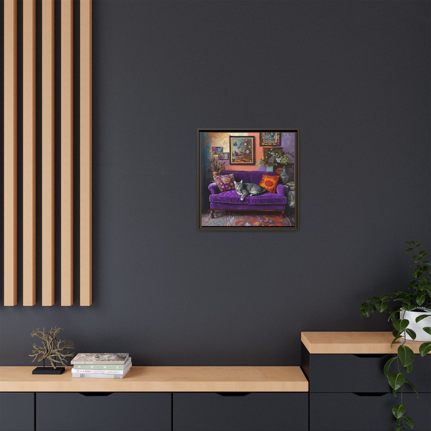 Tabby "House Cat" on Purple Velvet Sofa Matte Canvas Framed | Wall Art
