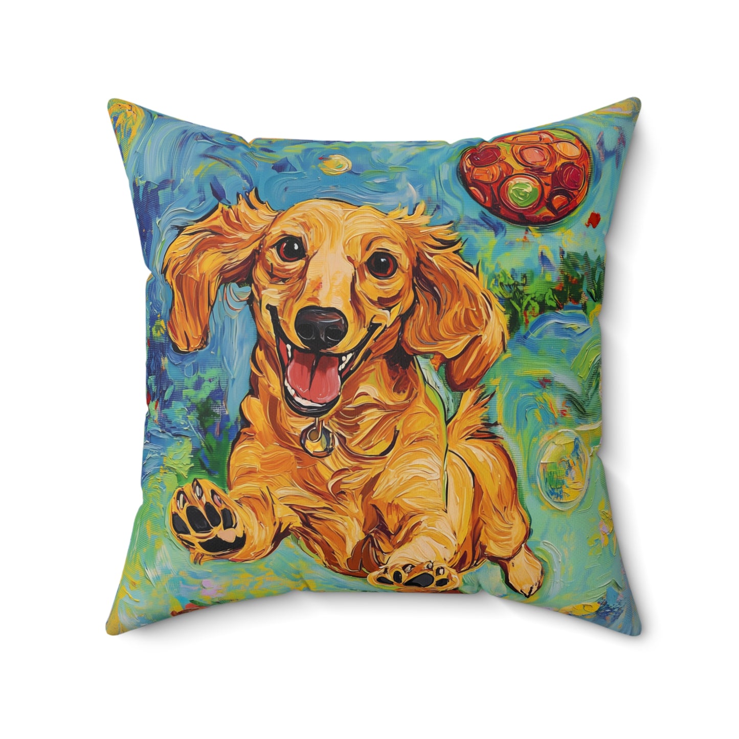Pickleball Dachshund Pillow | Square Throw Pillow, Colorful Dog Art, Pickleball Puppies
