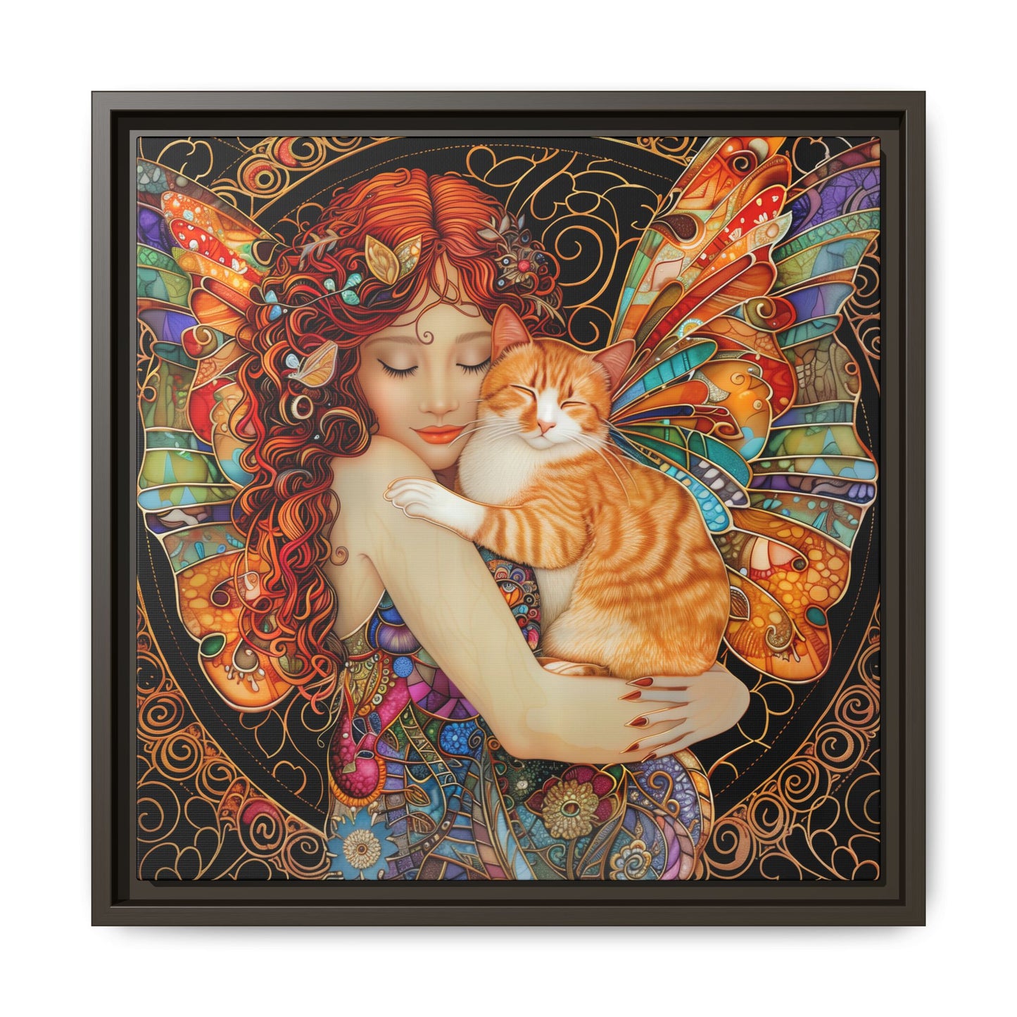 Framed "Tabby"  Fantasy Canvas Art Print - Whimsical Wall Decor, Fairy and Cat Illustration, Magical Gift for Cat Lovers