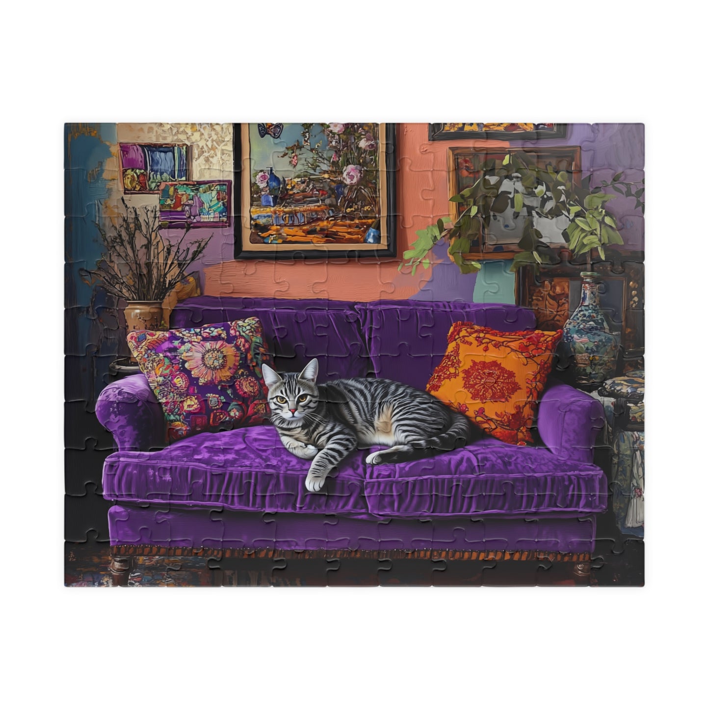 Tabby "House Cat" on Purple Couch Puzzle | 252-1014 Piece Jigsaw