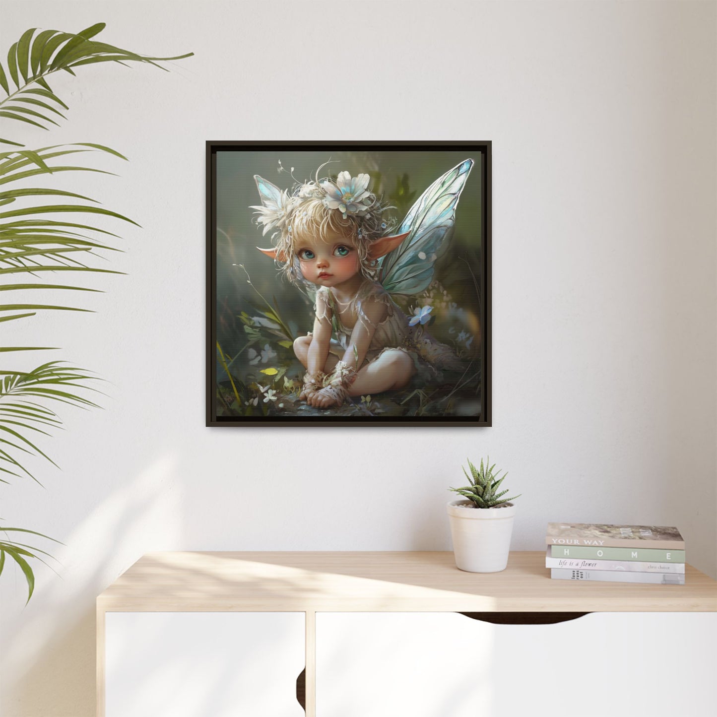 Baby Fairy Art Print, Framed Canvas, Whimsical Home Decor, Fairy Tale Gift, Magical Nursery Wall Art