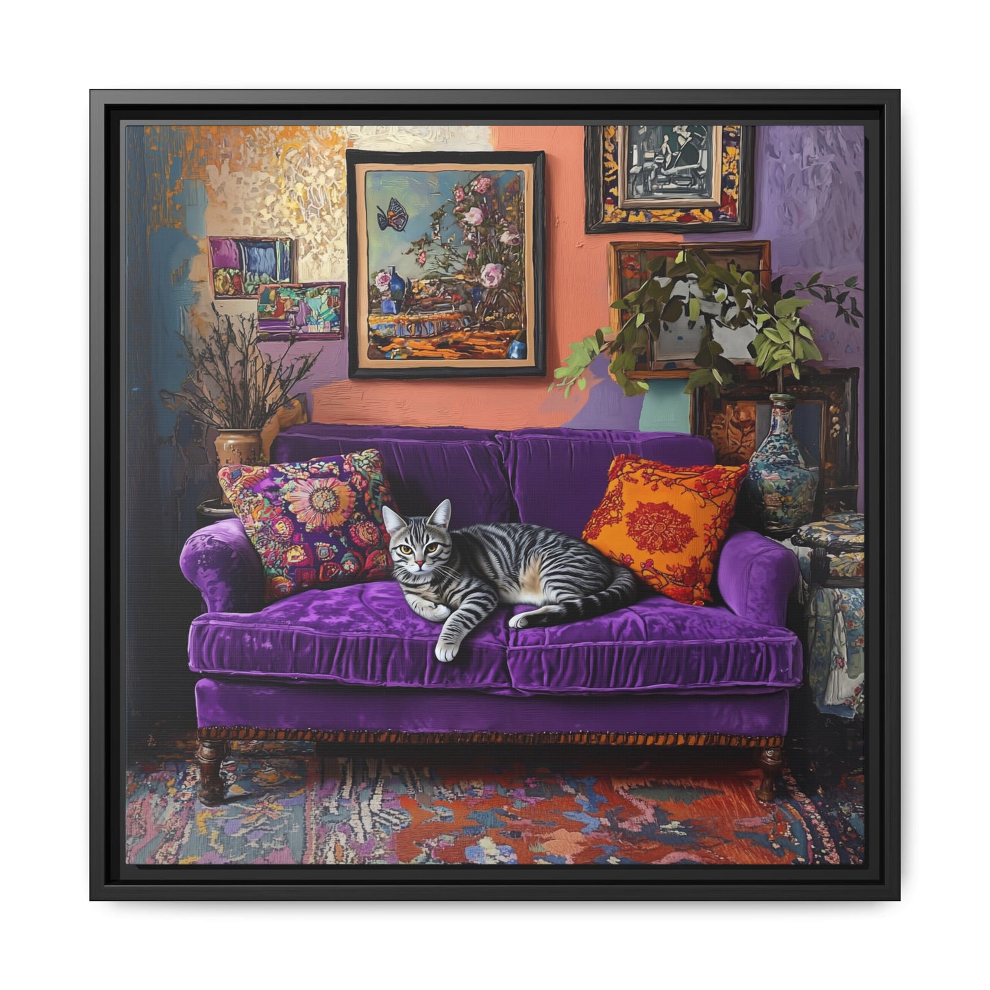 Tabby "House Cat" on Purple Velvet Sofa Matte Canvas Framed | Wall Art
