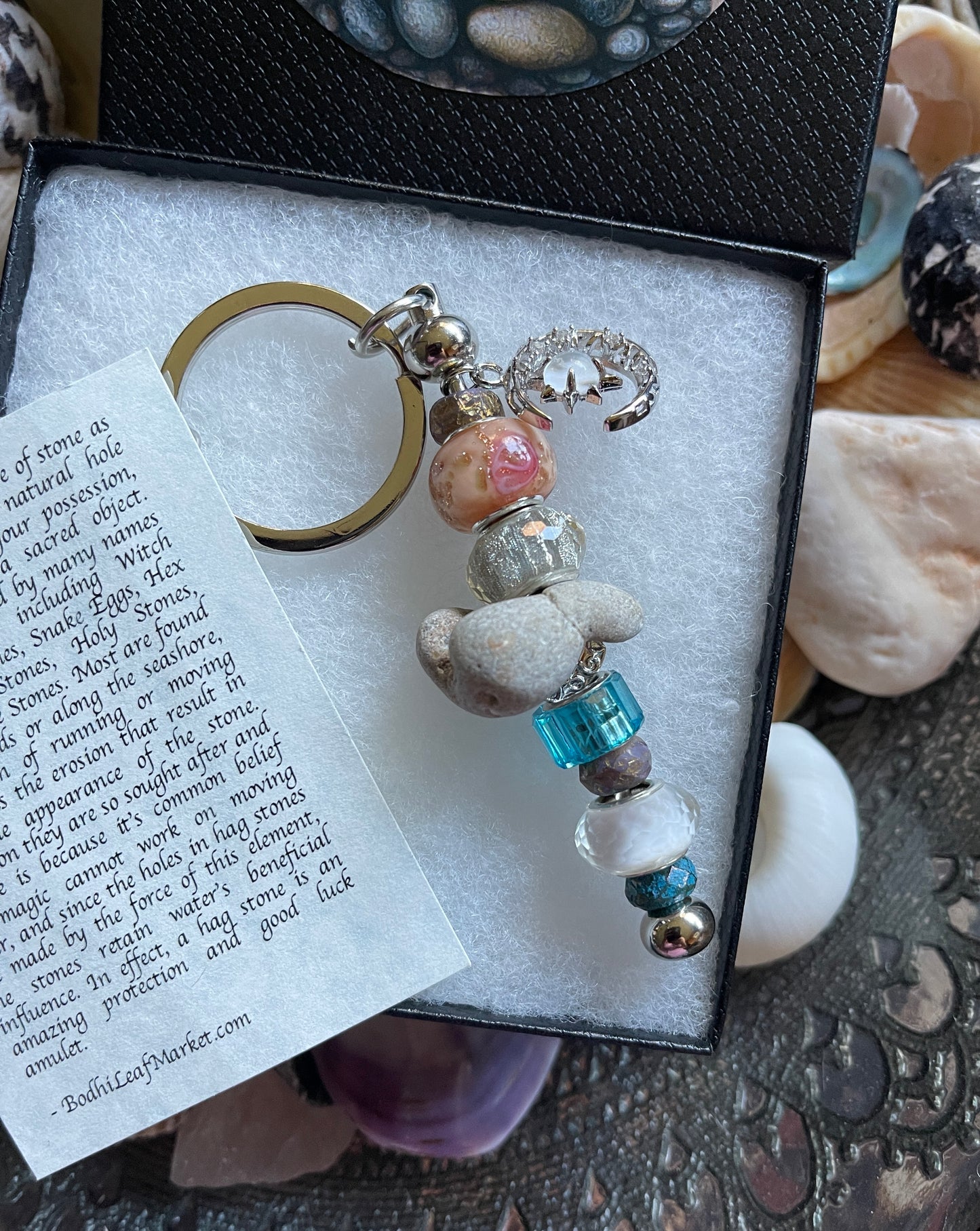 Stone Fairy Gift Box With Hagstone and Bead Keychain