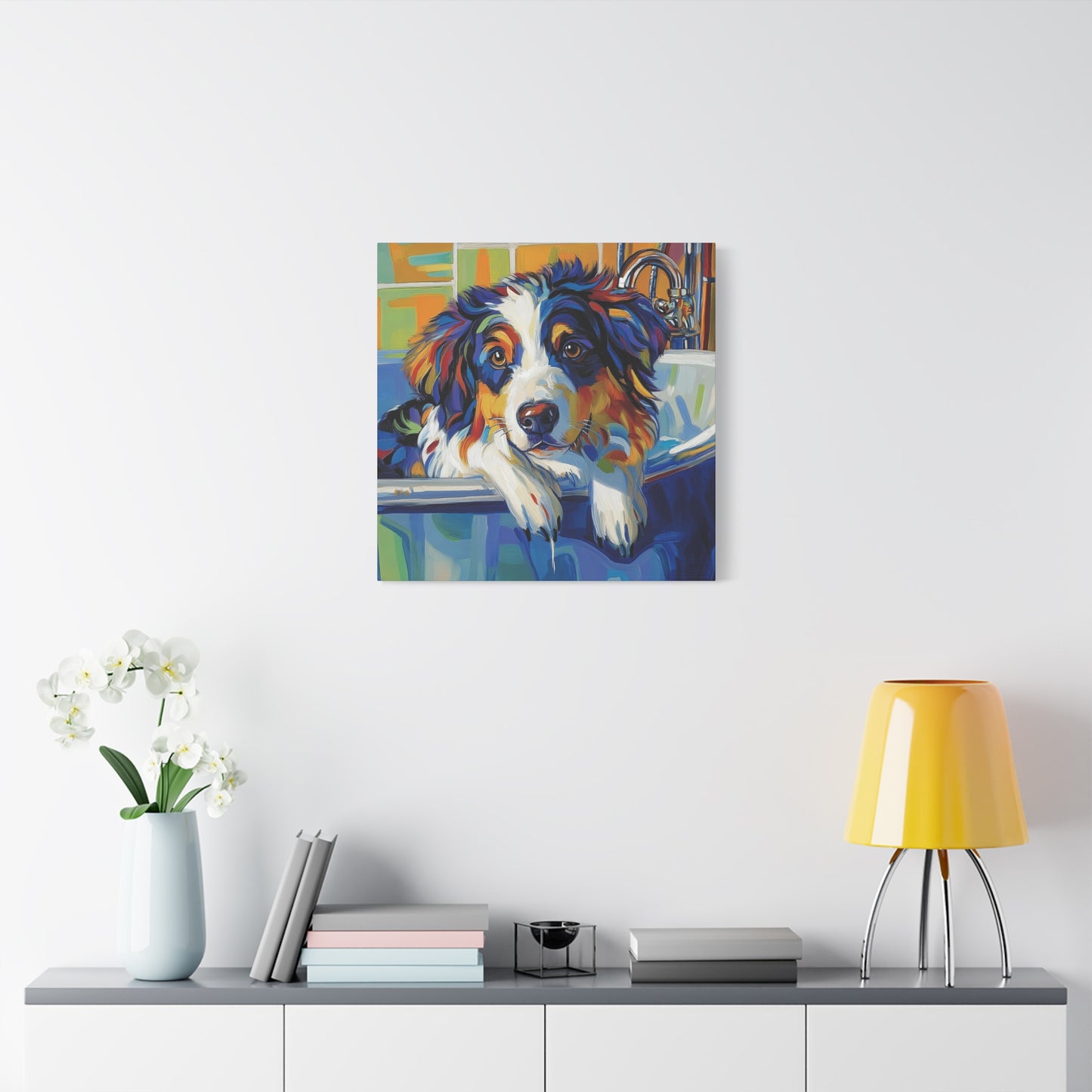 Aussie Bathtub Canvas, Australian Shepherd Art, Aussie Canvas, Tri Color Australian Shepherd Art, Dog Bathtub Prints