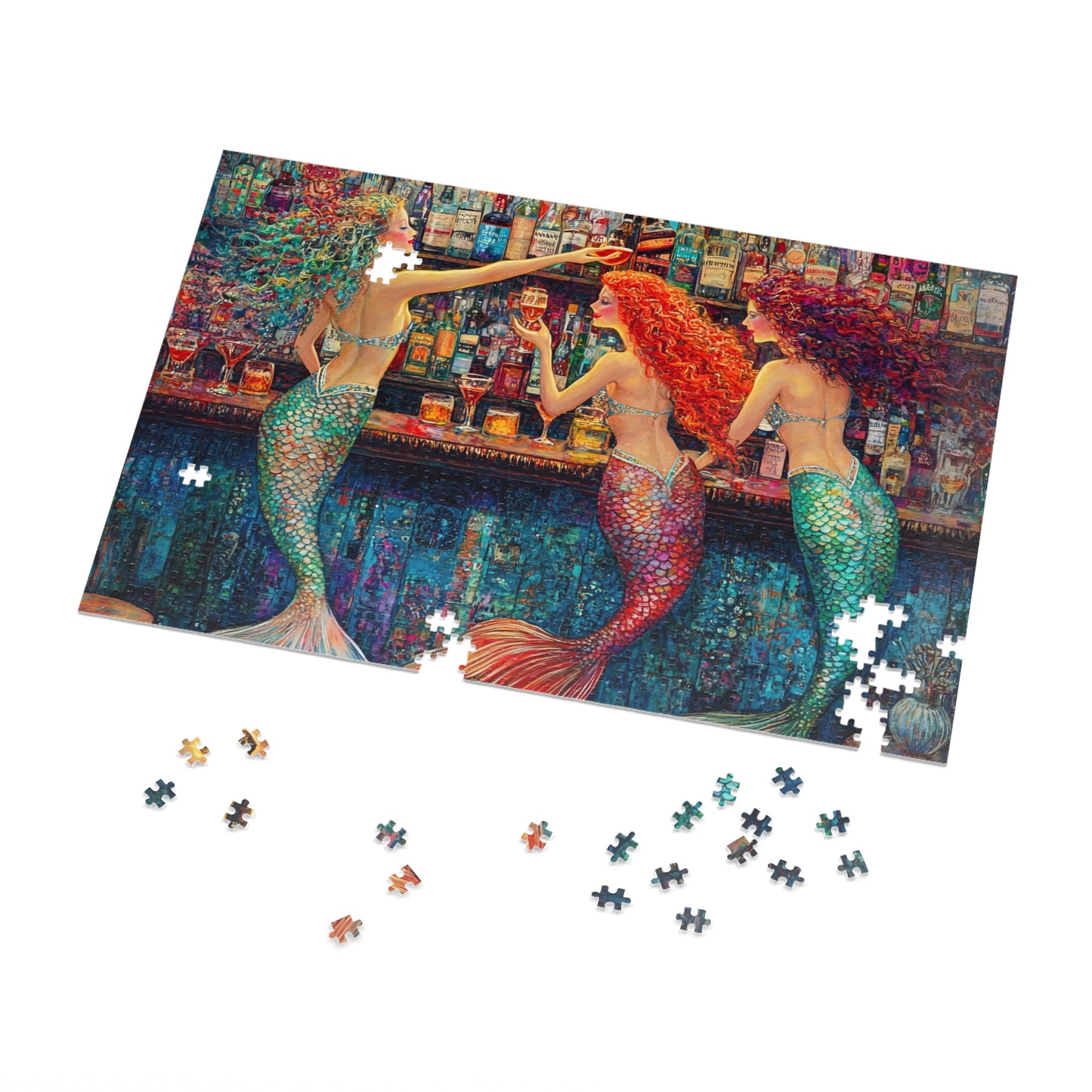 Mermaid Bar Scene Jigsaw Puzzle with Tin | Colorful Ocean Sirens
