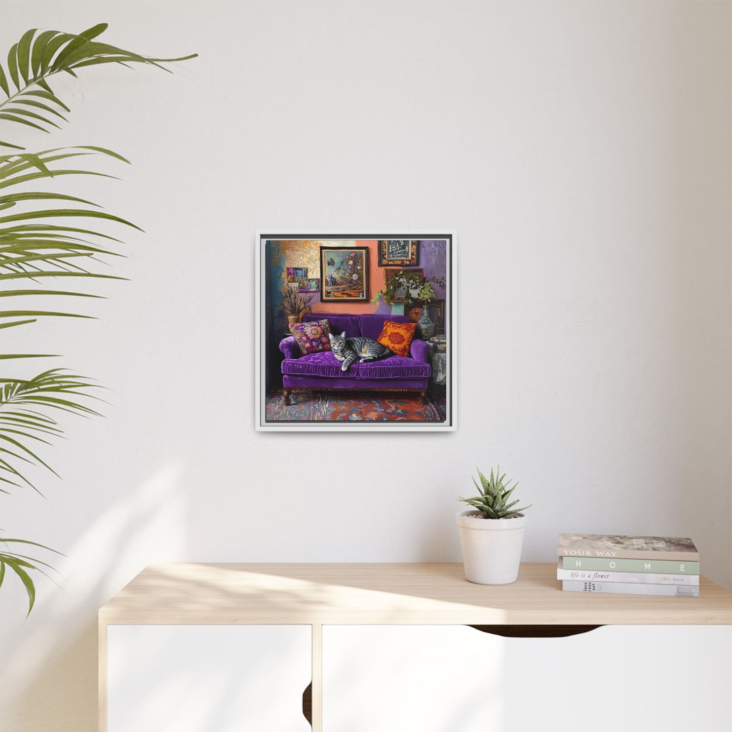 Tabby "House Cat" on Purple Velvet Sofa Matte Canvas Framed | Wall Art