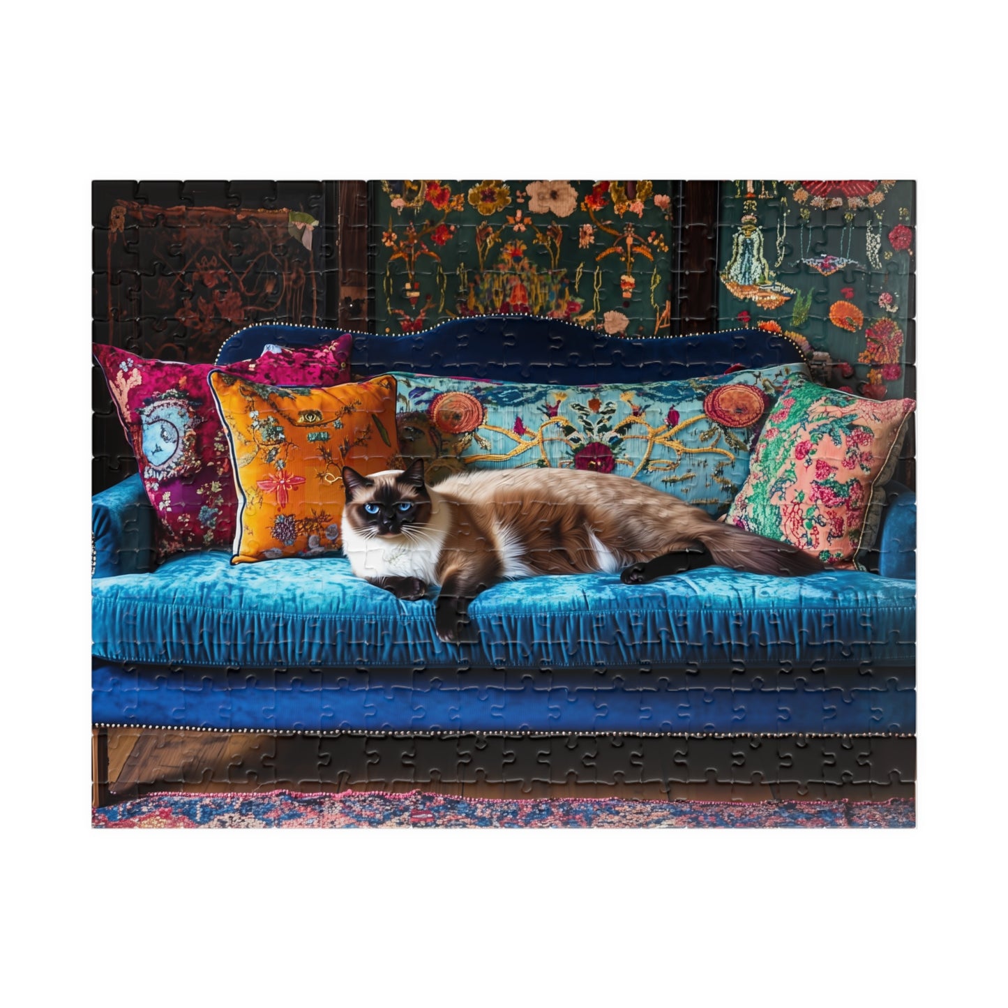 Siamese "House Cat" on Blue Velvet Sofa Puzzle | 252/520/1014-piece Jigsaw