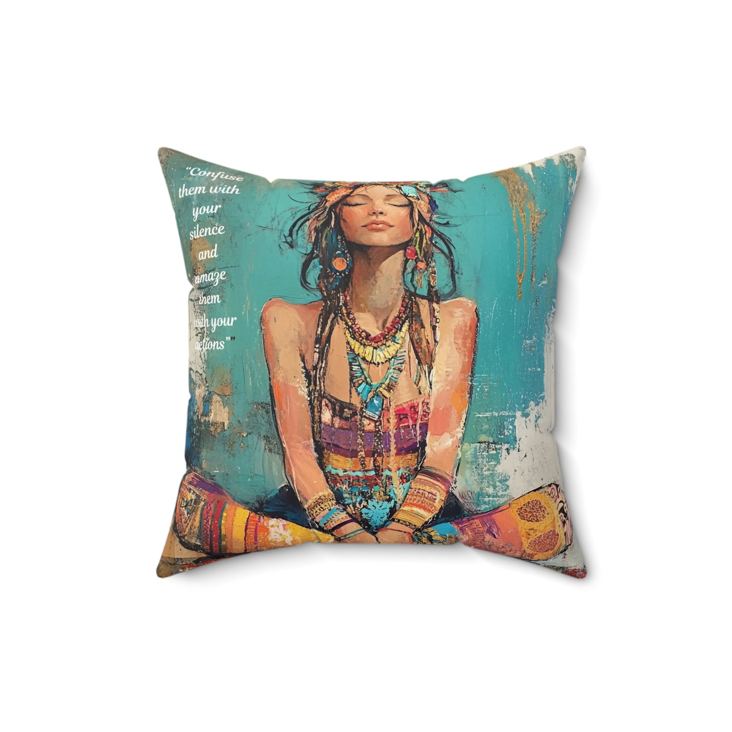 Boho Meditating Woman Faux Suede Square Pillow | Yoga Spiritual Decorative Pillow