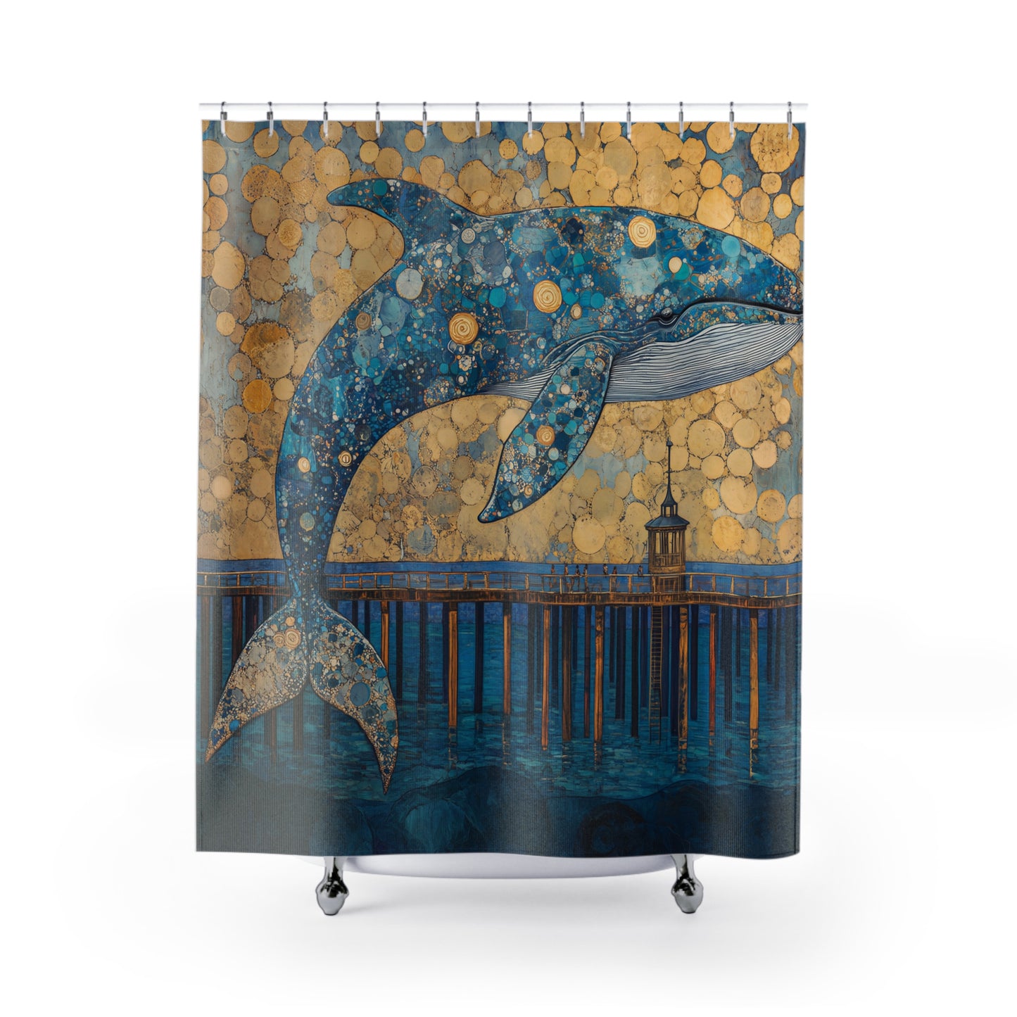Whale Pier Shower Curtain — Nautical Blue Gold Whale Art for Ocean-Themed Bathroom