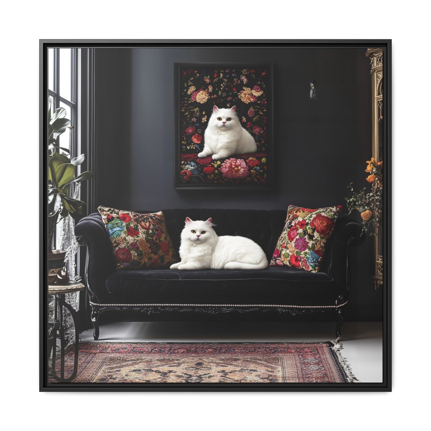 White Persian "House Cat" Portrait Matte Canvas Framed | Floral Still Life Wall Art