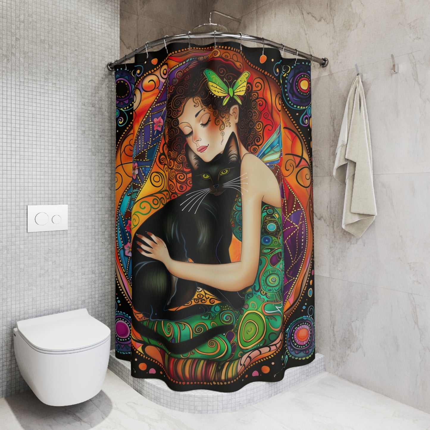 Whimsical Fairy Cat Shower Curtain – Enchanting Bathroom Décor for Cat Lovers