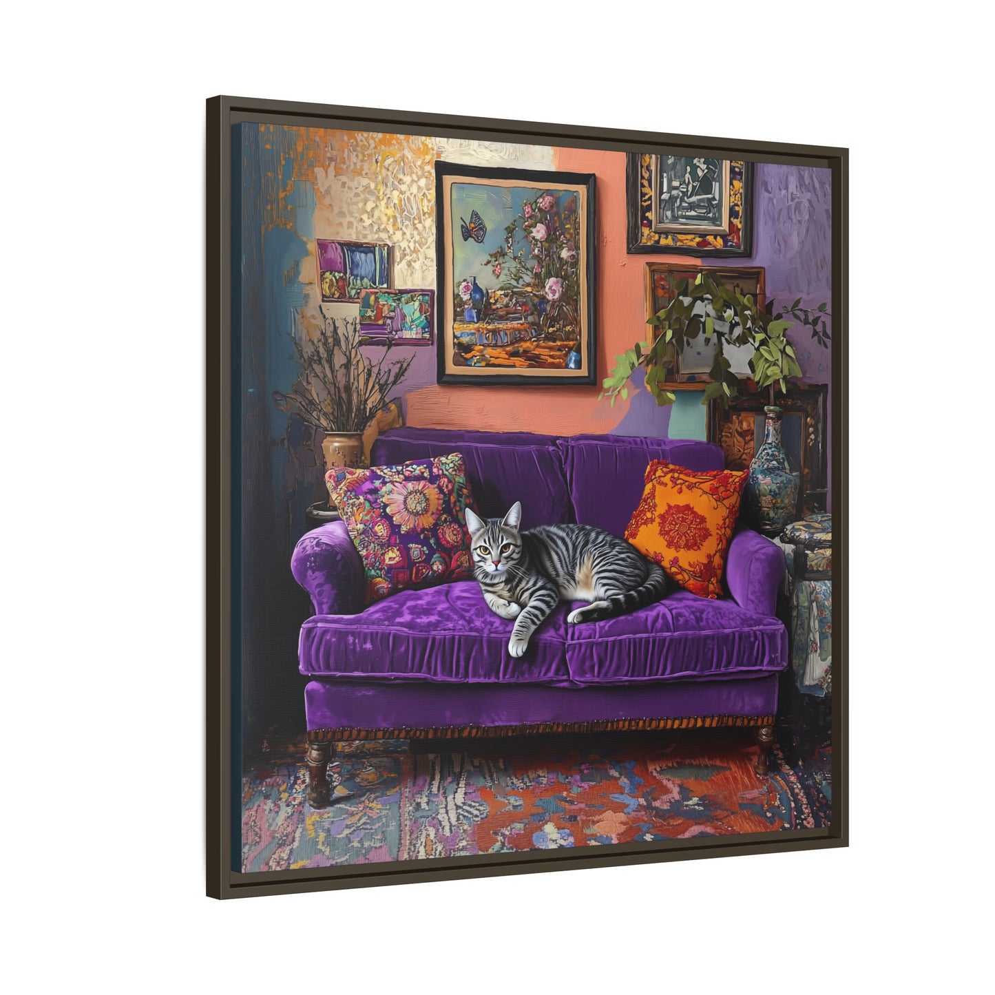 Tabby "House Cat" on Purple Velvet Sofa Matte Canvas Framed | Wall Art