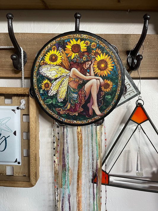 Sunflower Fairy Art Tambourine and Ribbon Wall Accent