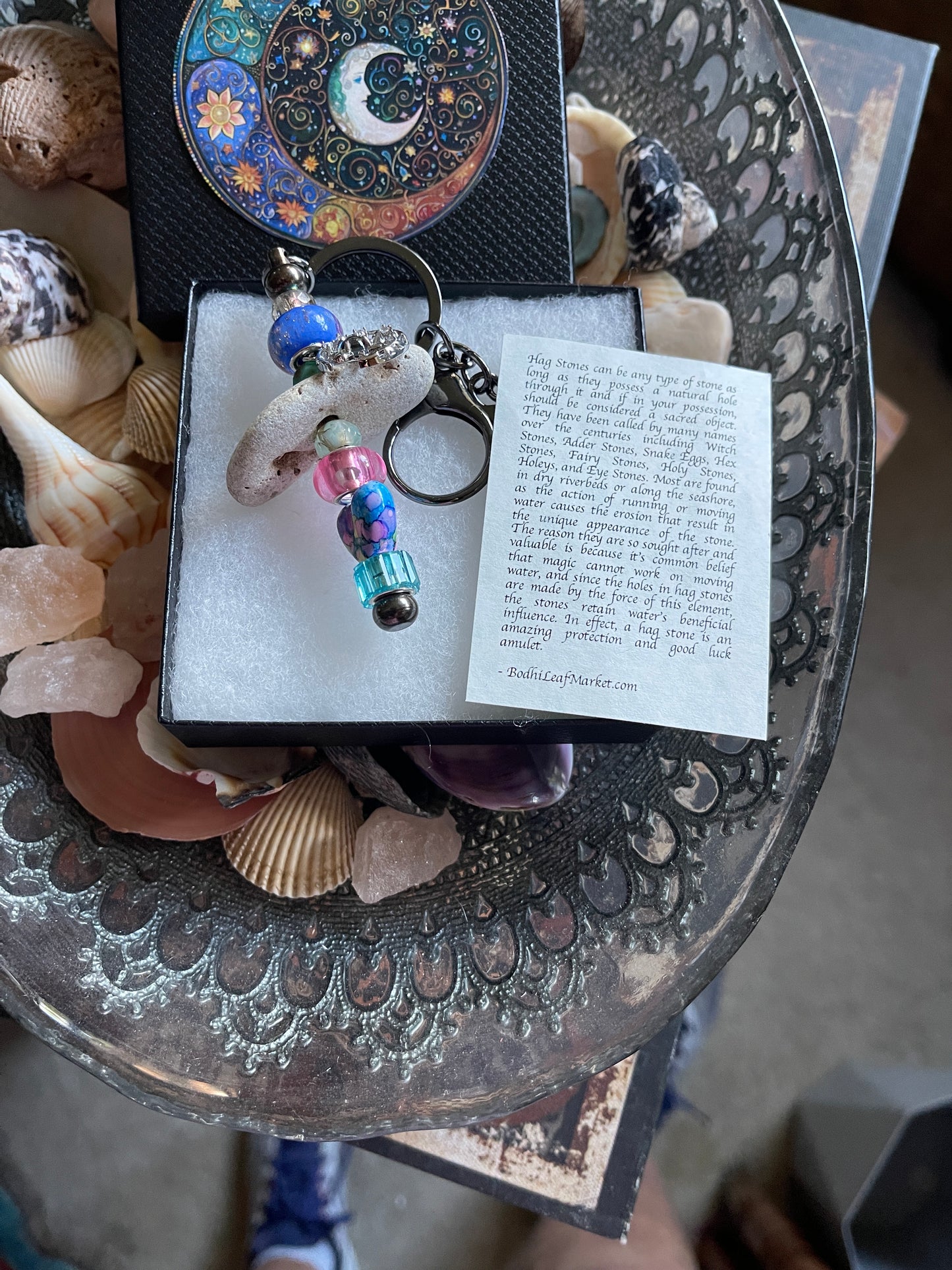 Colorful Beaded Keychain with Cosmic Design and Moon Charm