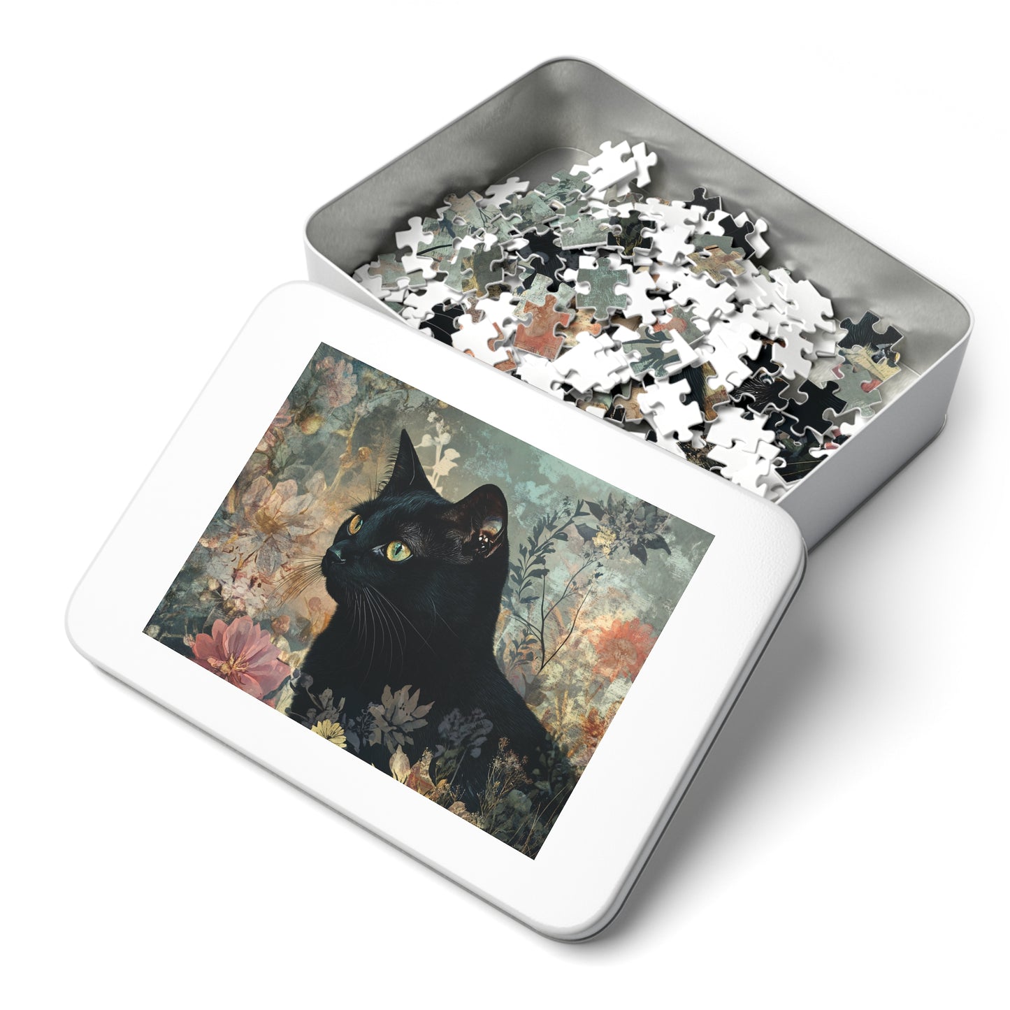 Black Cat Floral Art Jigsaw Puzzle with Tin