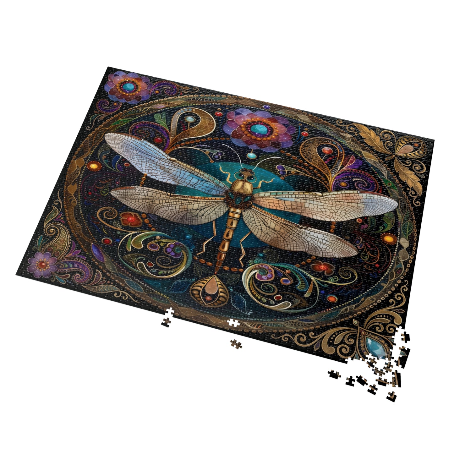 Ornate Dragonfly Mandala Jigsaw Puzzle with Tin | Vintage Floral Puzzle