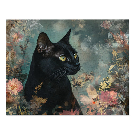 Black Cat Floral Portrait Jigsaw Puzzle with Tin | Floral Vintage Art
