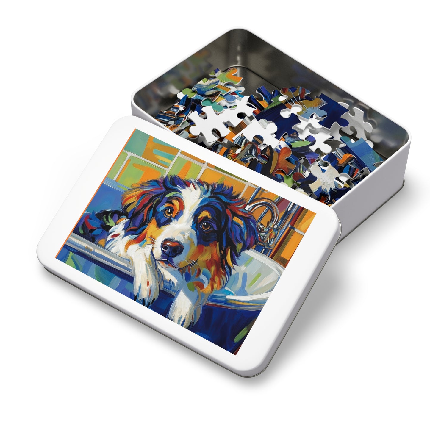 Bathtub Puppy Aussie Dog Jigsaw Puzzle with Tin | 500pc Painted Pet Art, Australian Shepherd Gift