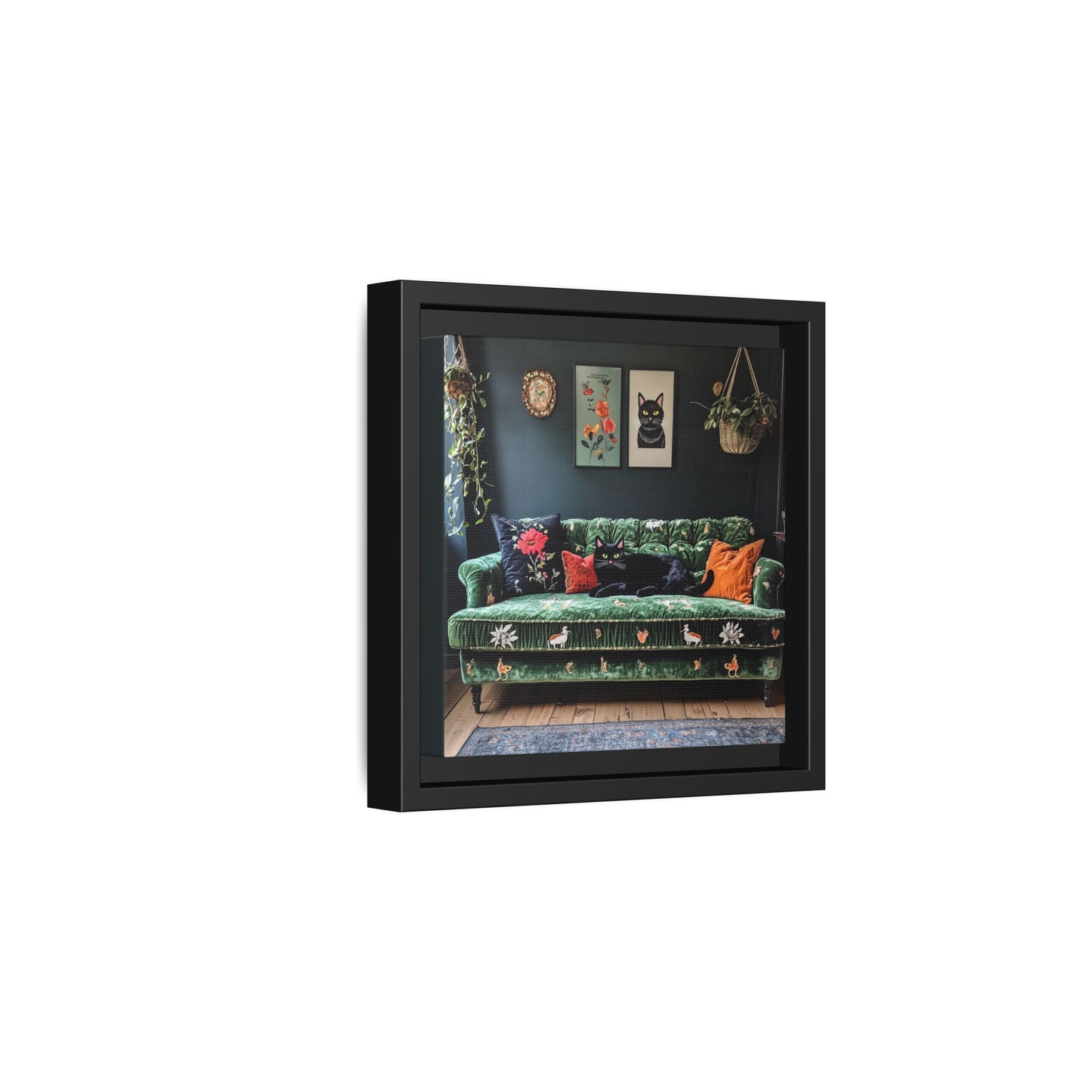 Black "House Cat" Living Room Art Matte Canvas Framed, Green Sofa Boho