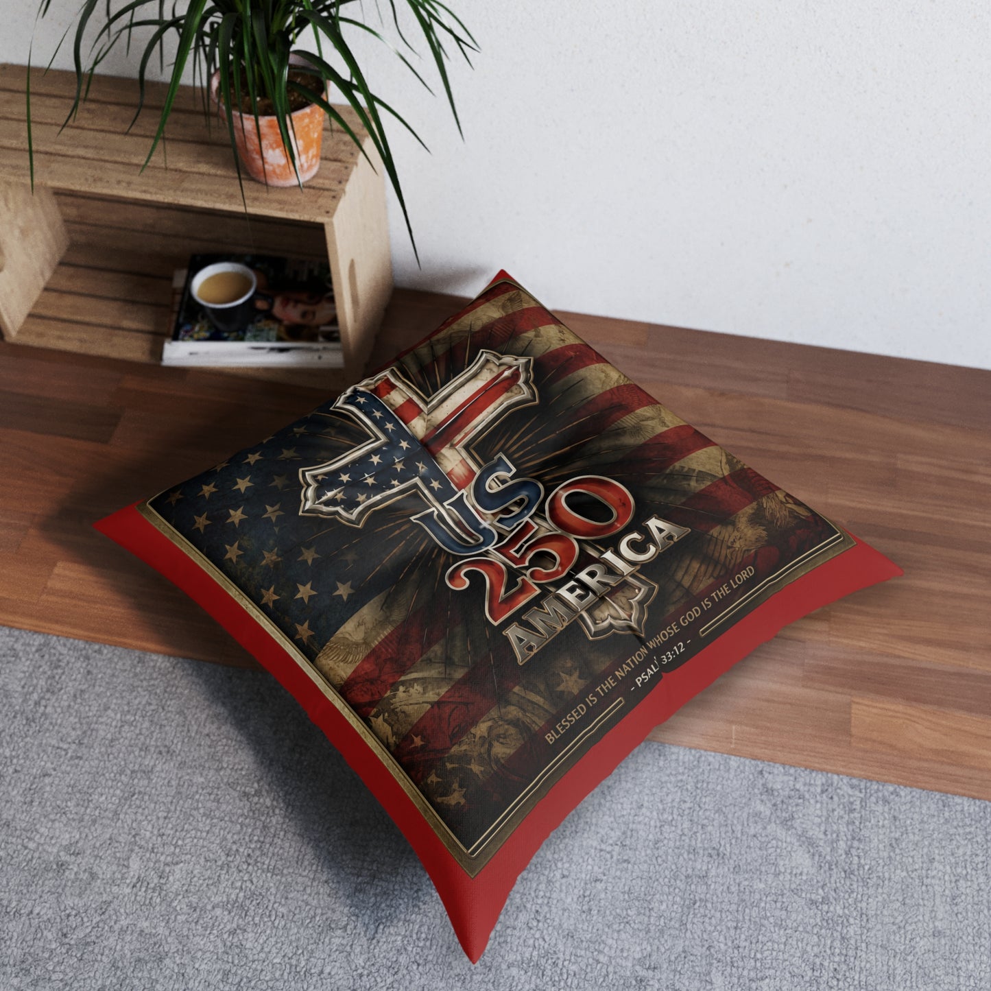 US 250 America Cross Tufted Floor Pillow Patriotic Flag Square Pillow