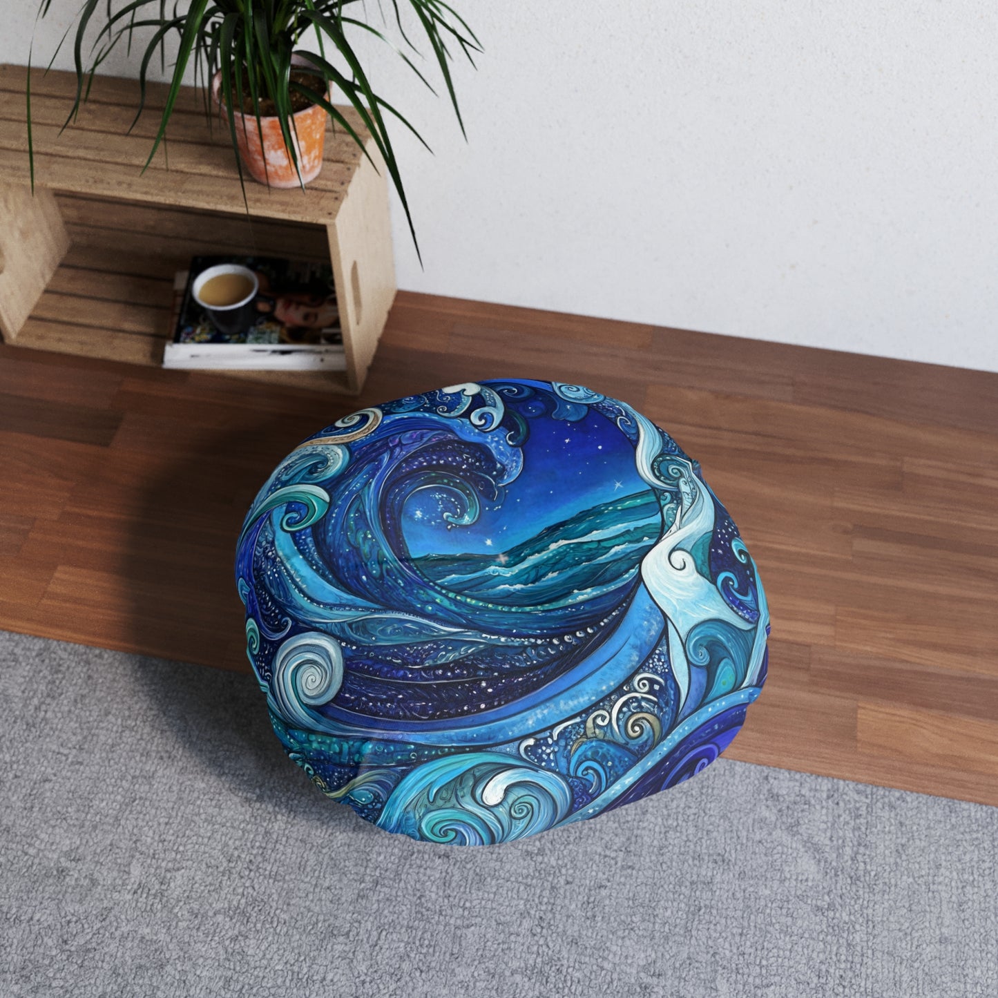 Ocean Wave Round Floor Pillow — Tufted Nautical Bohemian Decor