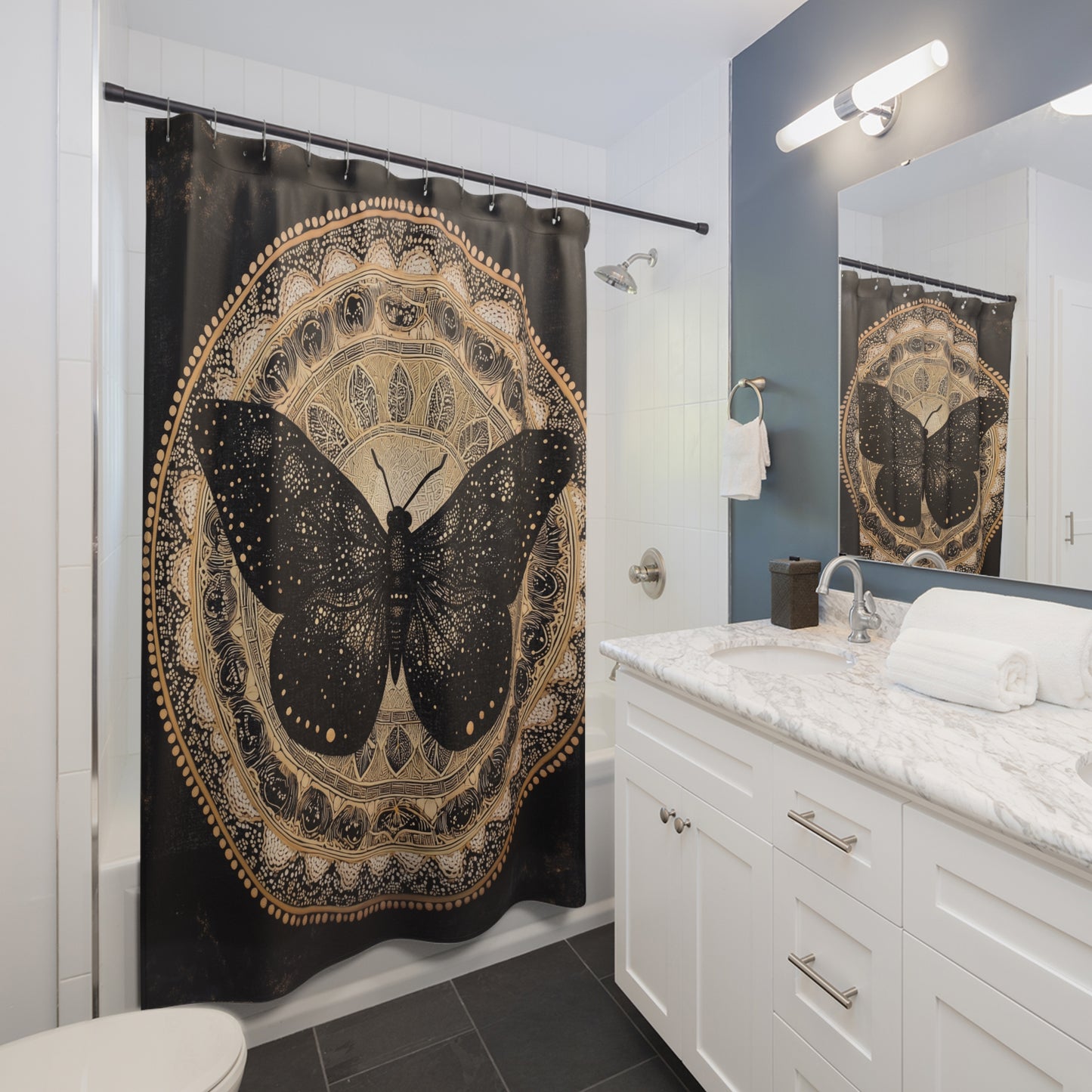 Gold Mandala Black Moth Shower Curtain | Boho Bathroom Decor