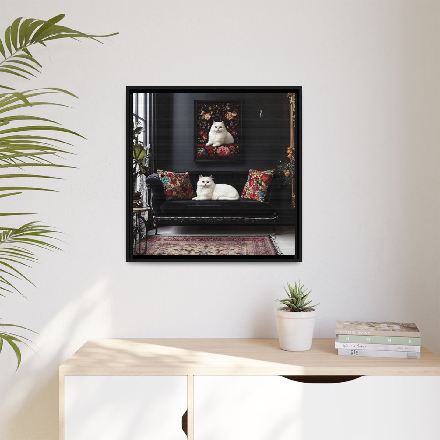 White Persian "House Cat" Portrait Matte Canvas Framed | Floral Still Life Wall Art