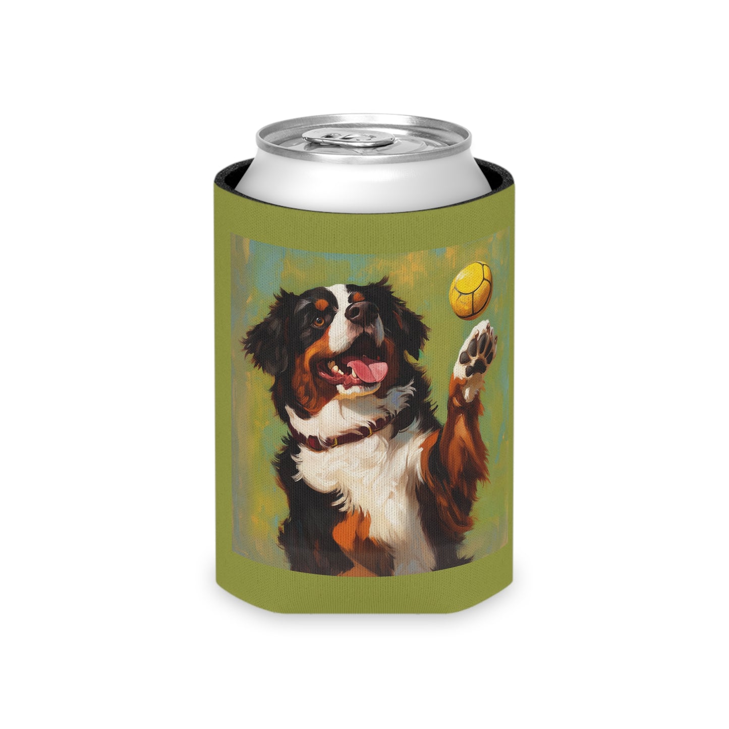 Bernese Mountain Dog Playing Pickleball Can Cooler | Dog Drink Koozie