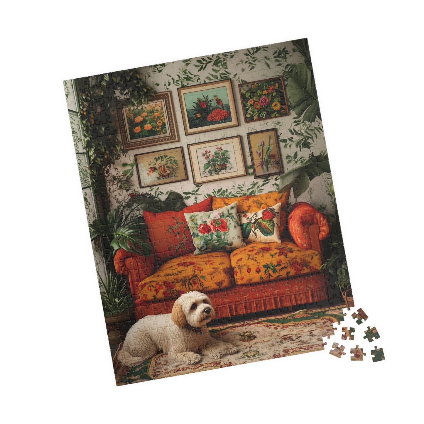 Doodle Cozy Vintage Living Room Puzzle 520 Piece | Floral Sofa Dog Illustration