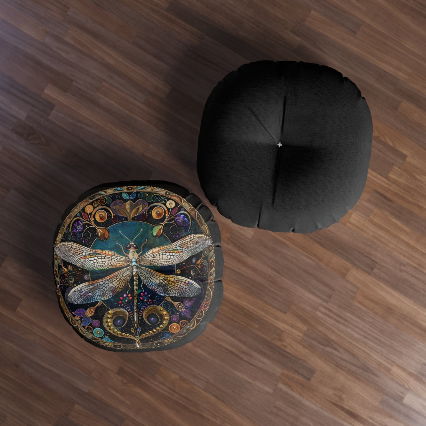 Artistic Dragonfly Tufted Floor Pillow, Round Accent Cushion for Home Decor, Boho Living Room Pillow, Nature-Inspired Gift, Mandala Style