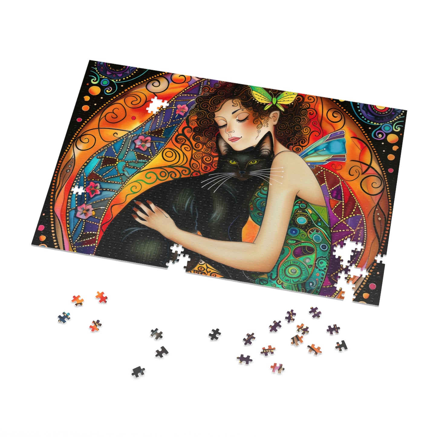 Fairy Embracing Black Cat Jigsaw Puzzle with Tin | Colorful Boho Art