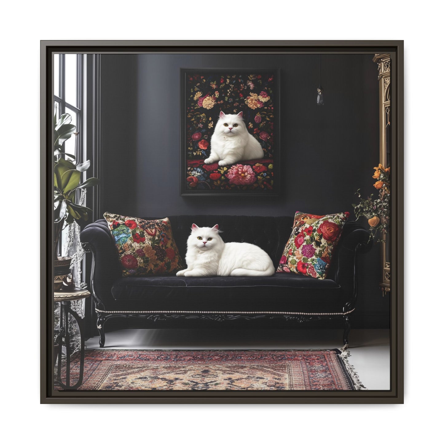 White Persian "House Cat" Portrait Matte Canvas Framed | Floral Still Life Wall Art