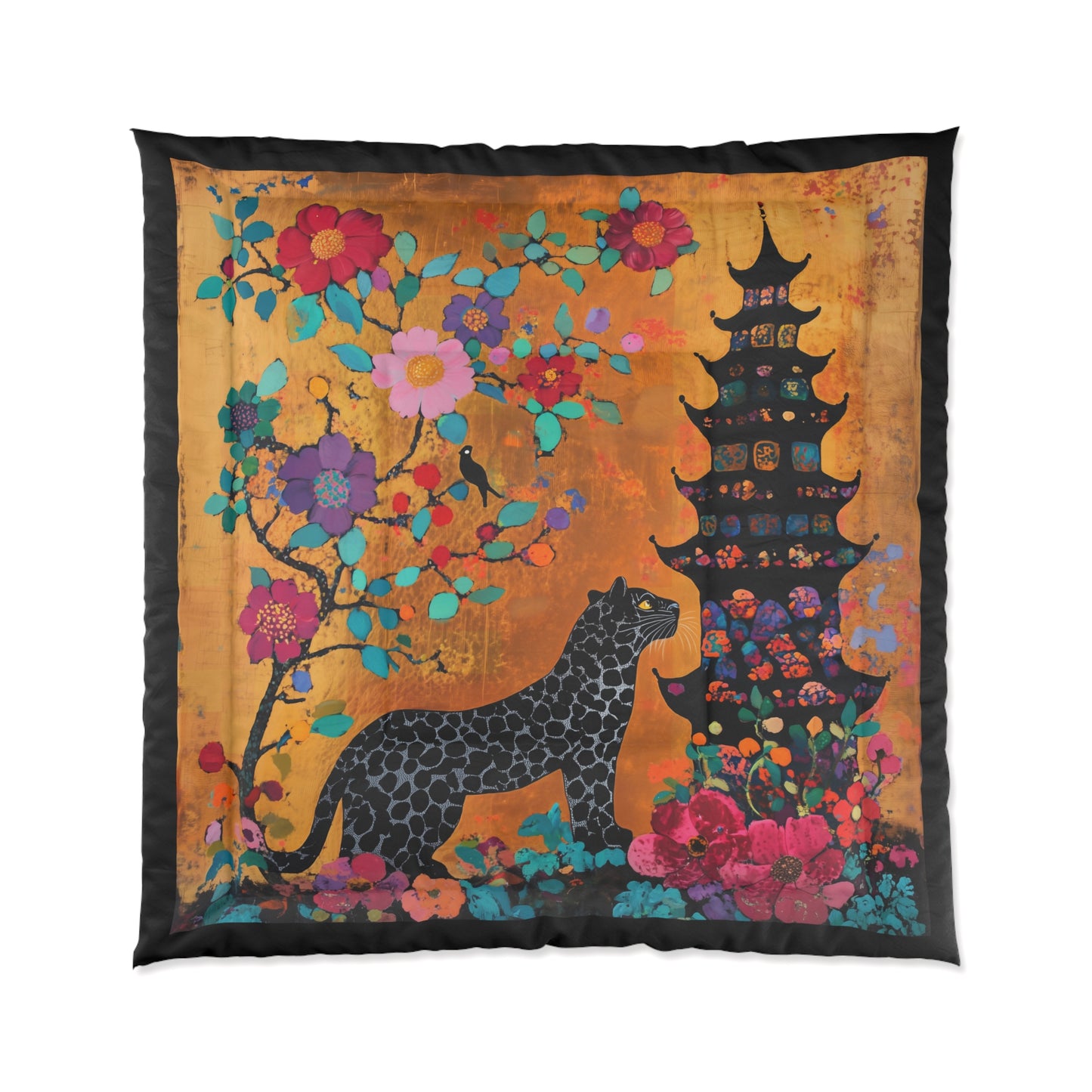 Floral Leopard Pagoda Comforter | Asian-Inspired Botanical Bedding