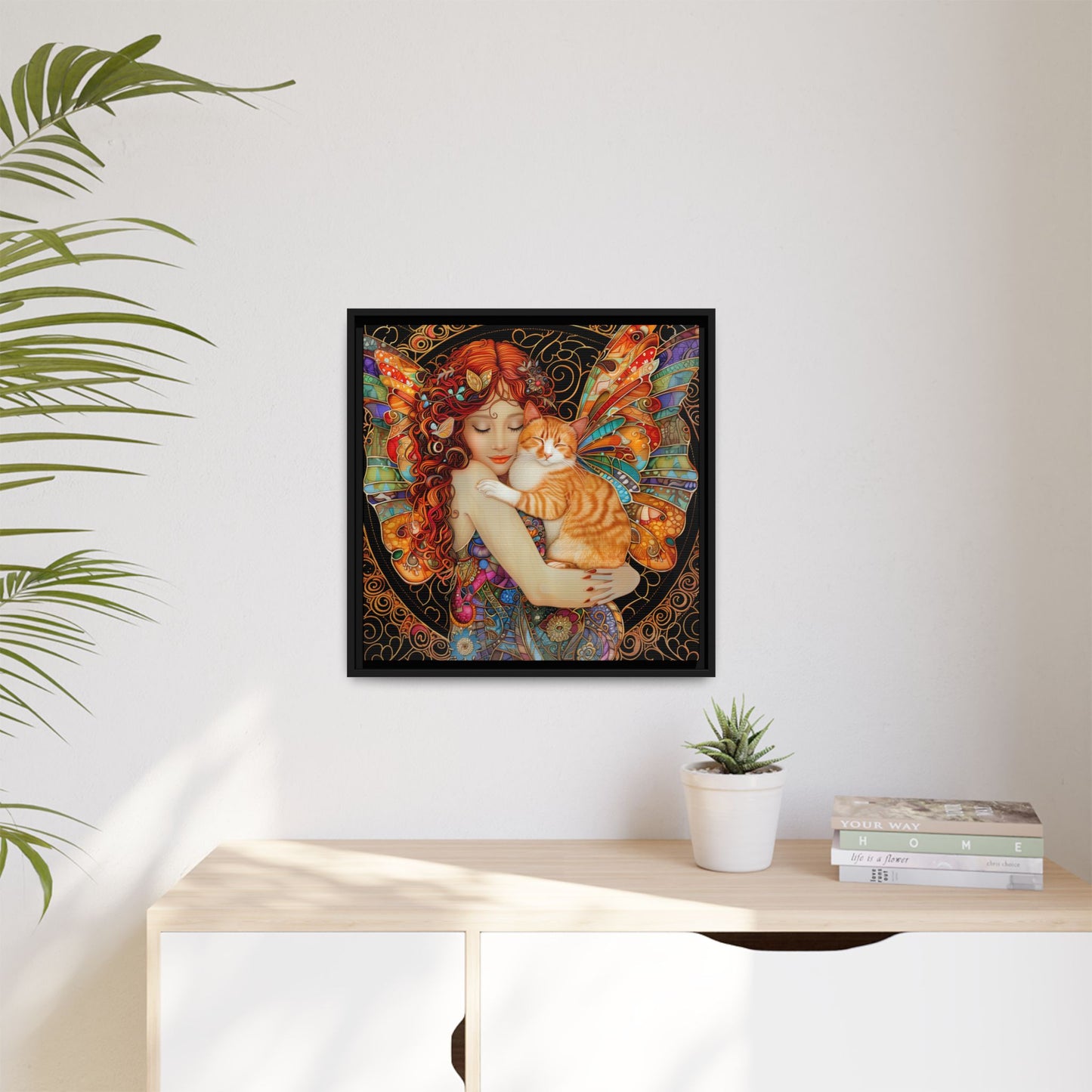 Framed "Tabby"  Fantasy Canvas Art Print - Whimsical Wall Decor, Fairy and Cat Illustration, Magical Gift for Cat Lovers