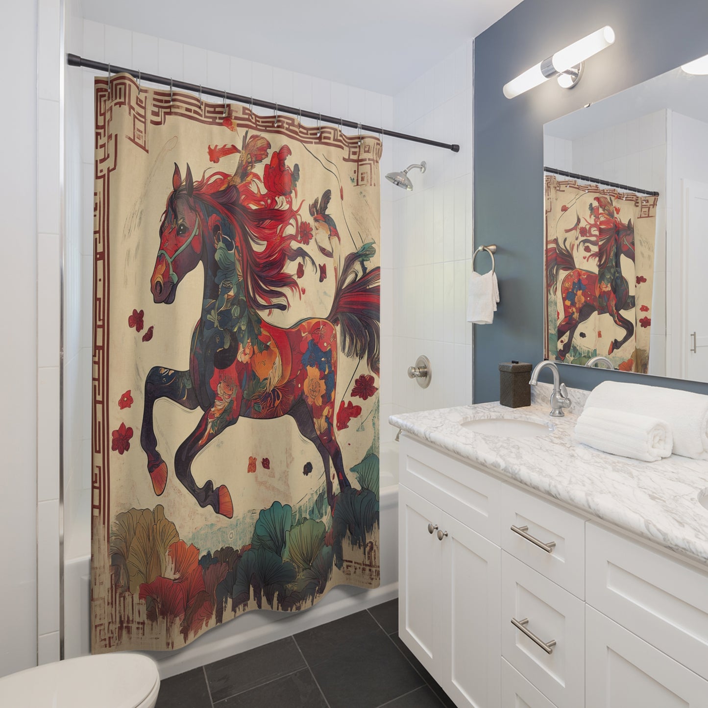 Year of The Firel Horse Shower Curtain — Vibrant Red Mane Equestrian Art