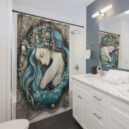 Elegant Mermaid Shower Curtain with Pearl Design, Nautical Bathroom Decor, Gifts for Ocean Lovers, Home Makeover, Coastal Vibe