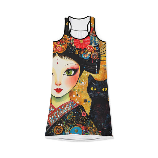 Geisha Cat Women’s Racerback Dress with Cat Design | Summer Fashion, Casual Dress, Beachwear, Festival Attire, Unique Gift