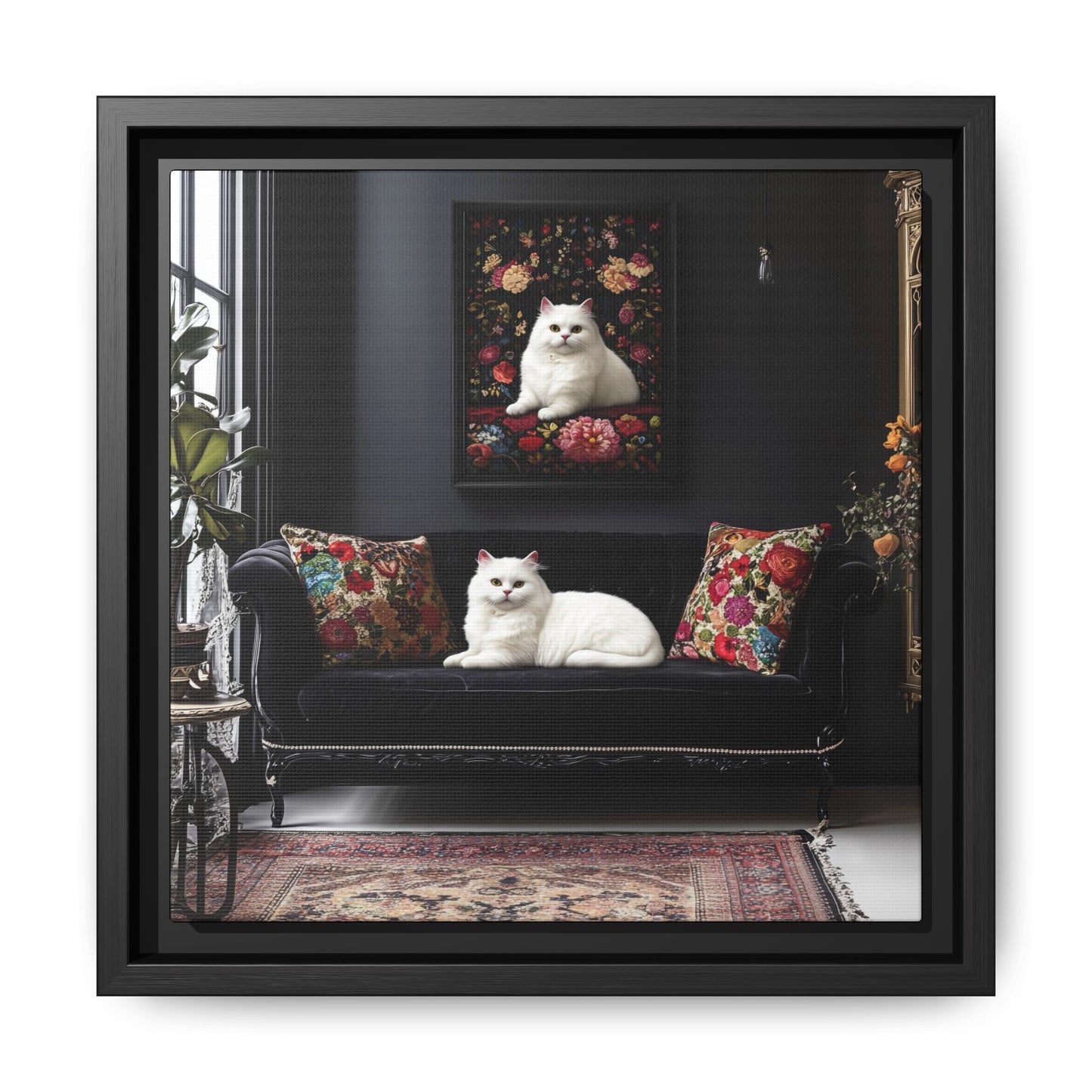 White Persian "House Cat" Portrait Matte Canvas Framed | Floral Still Life Wall Art
