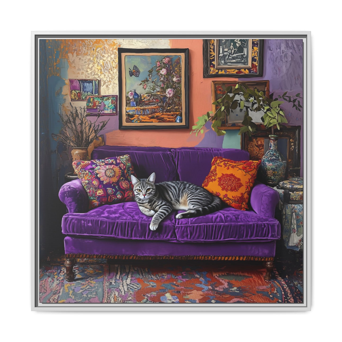 Tabby "House Cat" on Purple Velvet Sofa Matte Canvas Framed | Wall Art