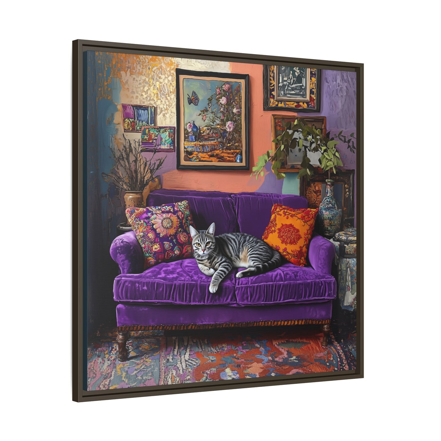 Tabby "House Cat" on Purple Velvet Sofa Matte Canvas Framed | Wall Art