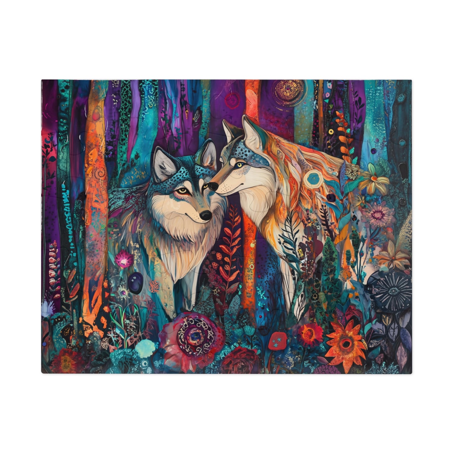 Mystic Wolves jigsaw puzzle with tin | colorful forest wolf art