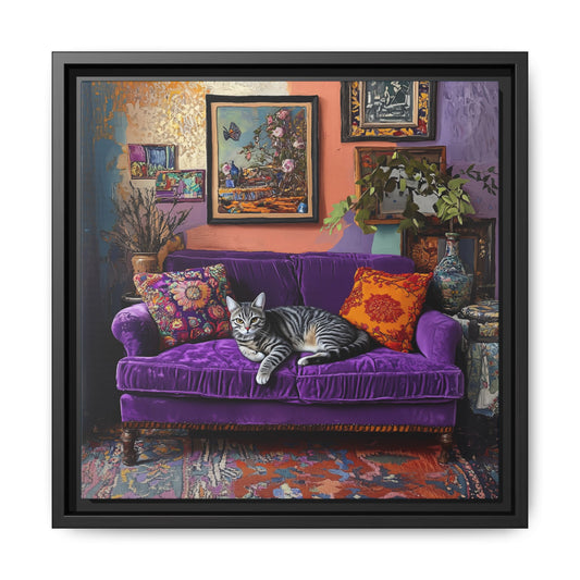 Tabby "House Cat" on Purple Velvet Sofa Matte Canvas Framed | Wall Art