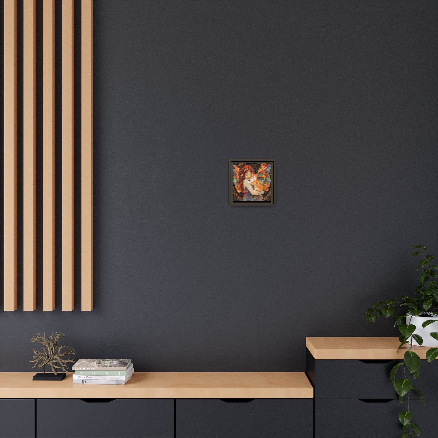 Framed "Tabby"  Fantasy Canvas Art Print - Whimsical Wall Decor, Fairy and Cat Illustration, Magical Gift for Cat Lovers