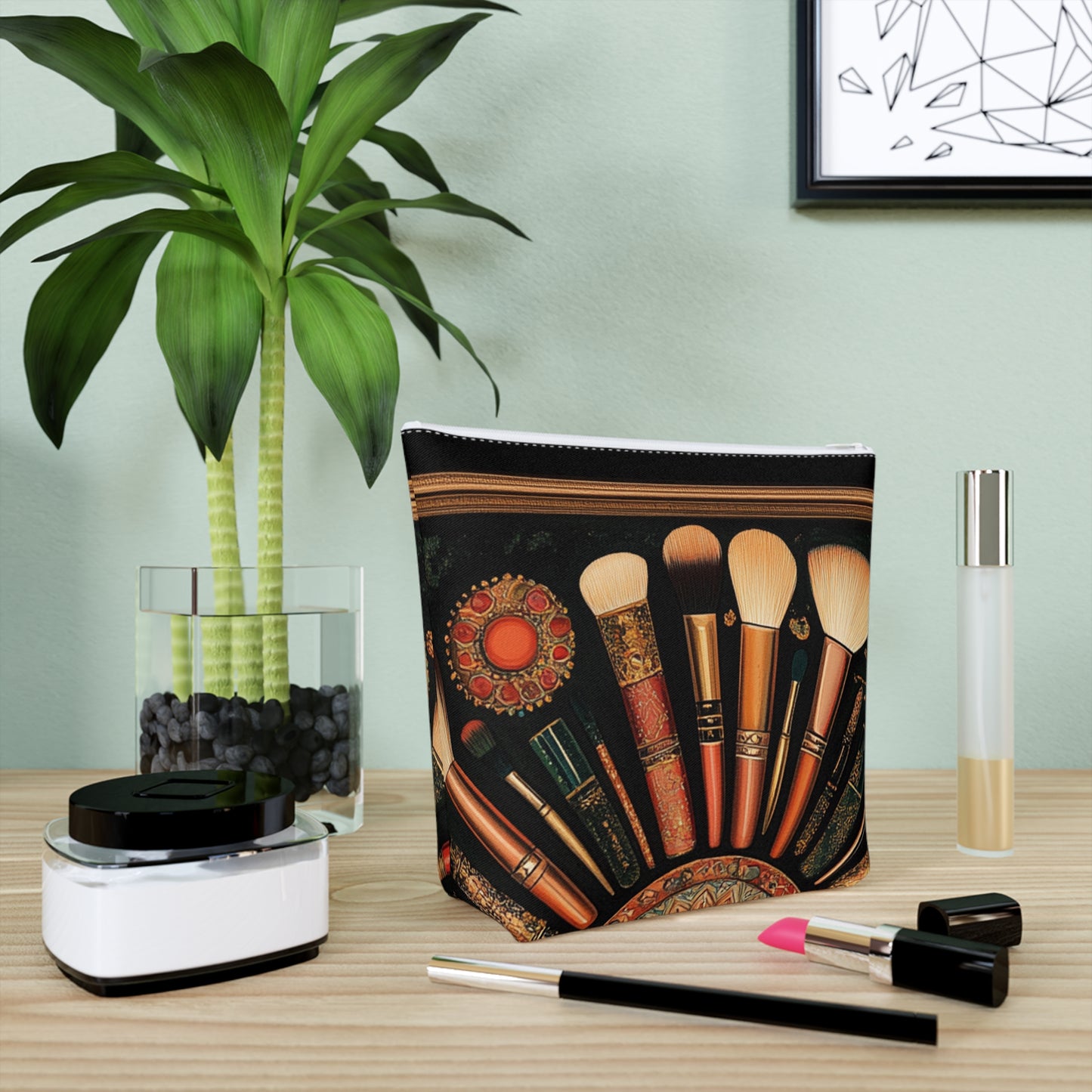 Artistic Vintage Look Makeup Bag, Bohemian Cosmetic Pouch, Travel Toiletry Case, Gift for Beauty Lovers, Vintage Brush Design